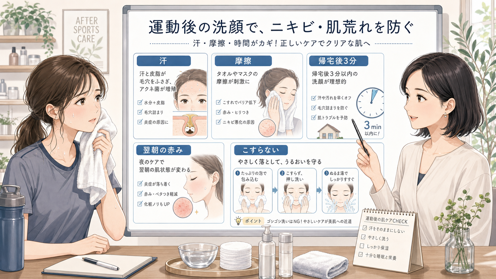 運動後の洗顔と汗・摩擦・帰宅後ケアを整理する美容相談ボード