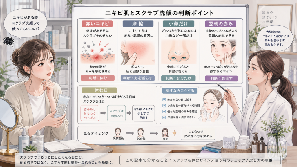 ニキビ肌とスクラブ洗顔の赤み・摩擦・休む判断を整理する美容相談ボード