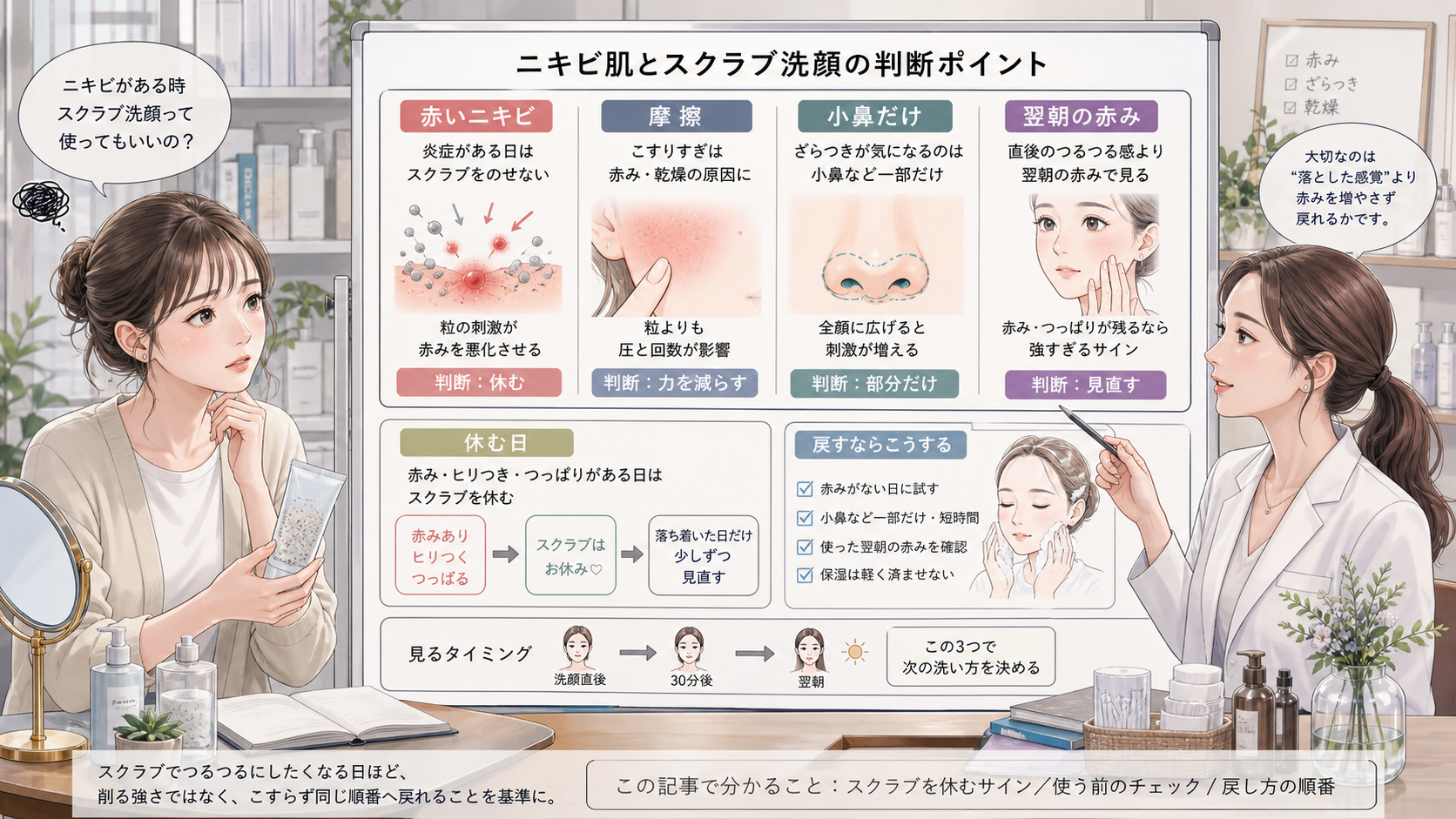 ニキビ肌とスクラブ洗顔の赤み・摩擦・休む判断を整理する美容相談ボード