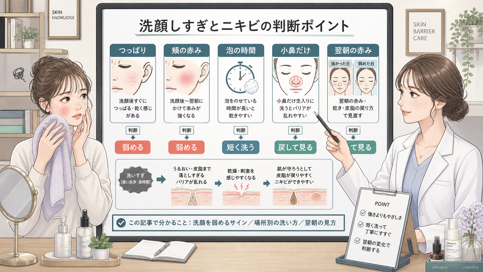 洗顔しすぎによるニキビと皮脂バリアの崩れを整理する美容相談ボード