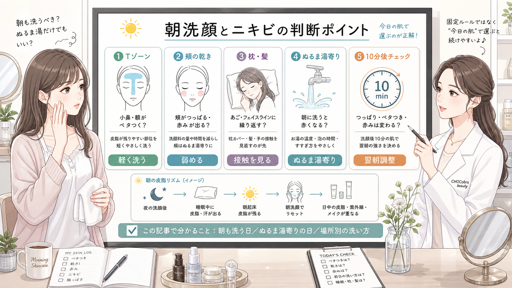 朝洗顔とニキビのTゾーン・頬の乾き・10分後チェックを整理する美容相談ボード
