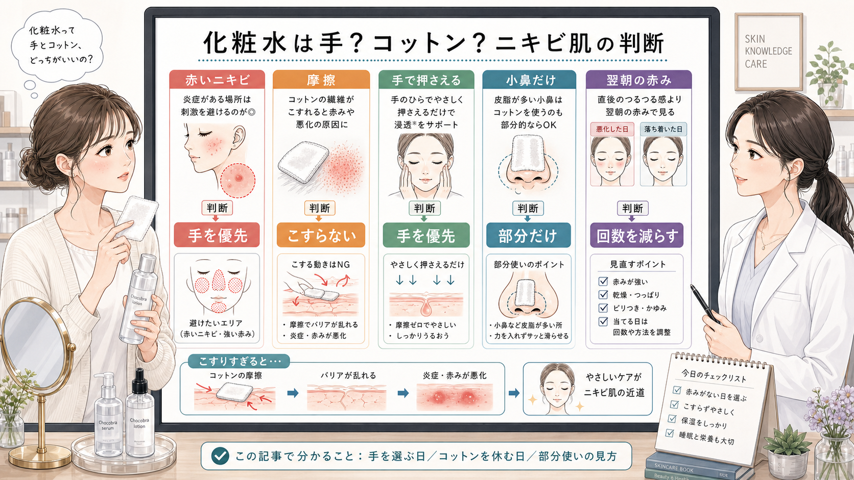化粧水を手かコットンでつけるかをニキビ肌の摩擦と赤みで整理する美容相談ボード
