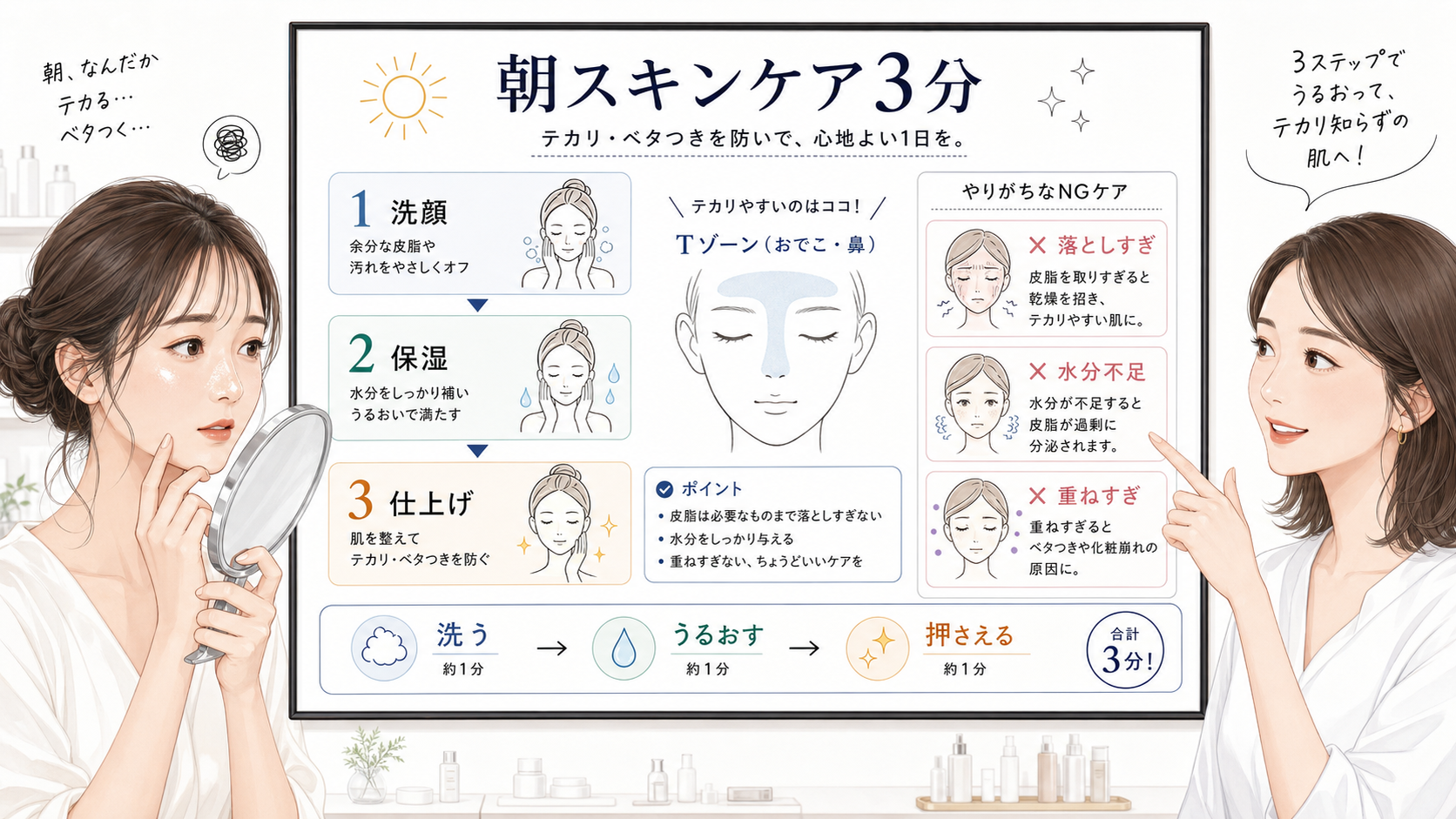 朝の皮脂抑制スキンケアを洗顔・保湿・仕上げで判断する美容相談ボード