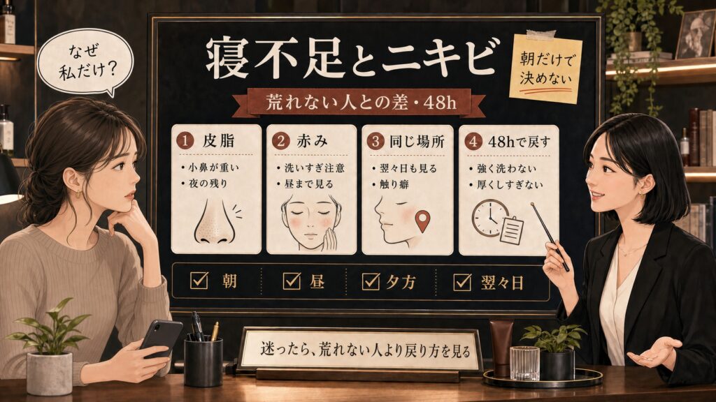 寝不足とニキビの関係を荒れない人との差、皮脂、赤み、同じ場所、48時間の戻り方で整理する美容相談ボード