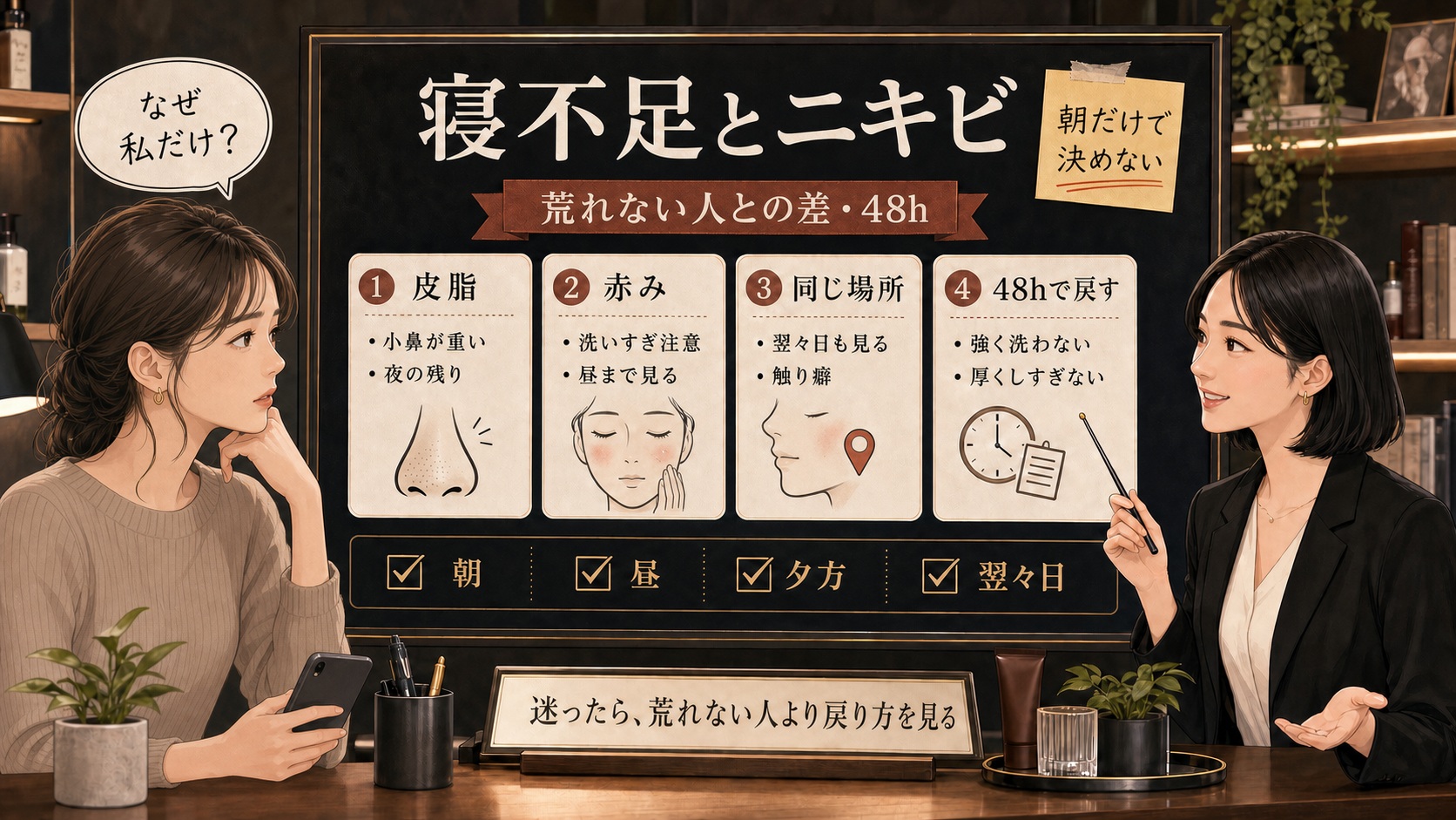 寝不足とニキビの関係を荒れない人との差、皮脂、赤み、同じ場所、48時間の戻り方で整理する美容相談ボード