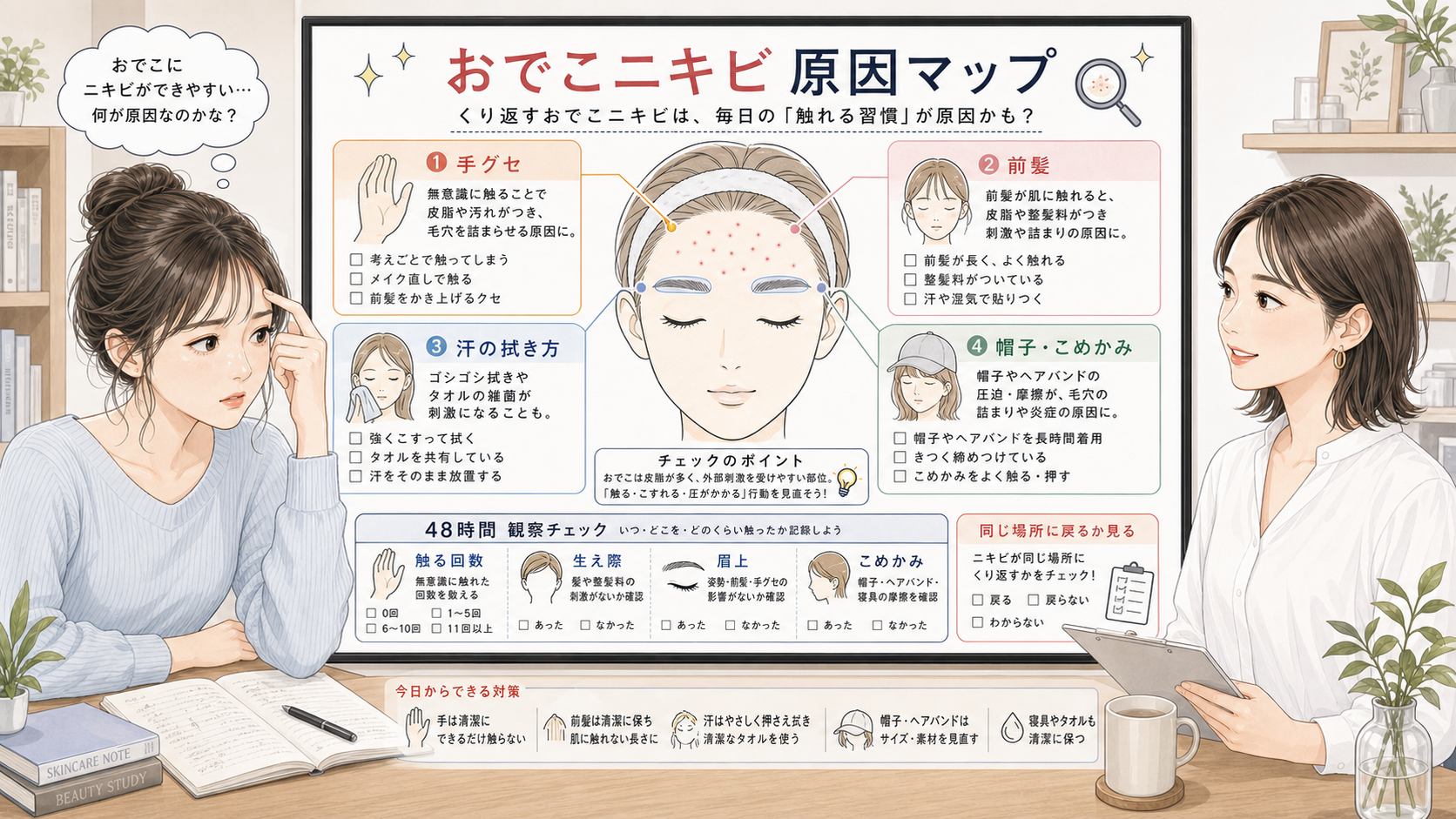 おでこニキビ原因を手グセ・前髪・汗・帽子で判断する美容相談ボード