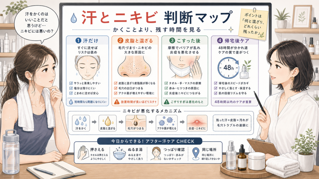ニキビ中に汗をかいたほうがいいか汗と皮脂の残り時間で判断する美容相談ボード