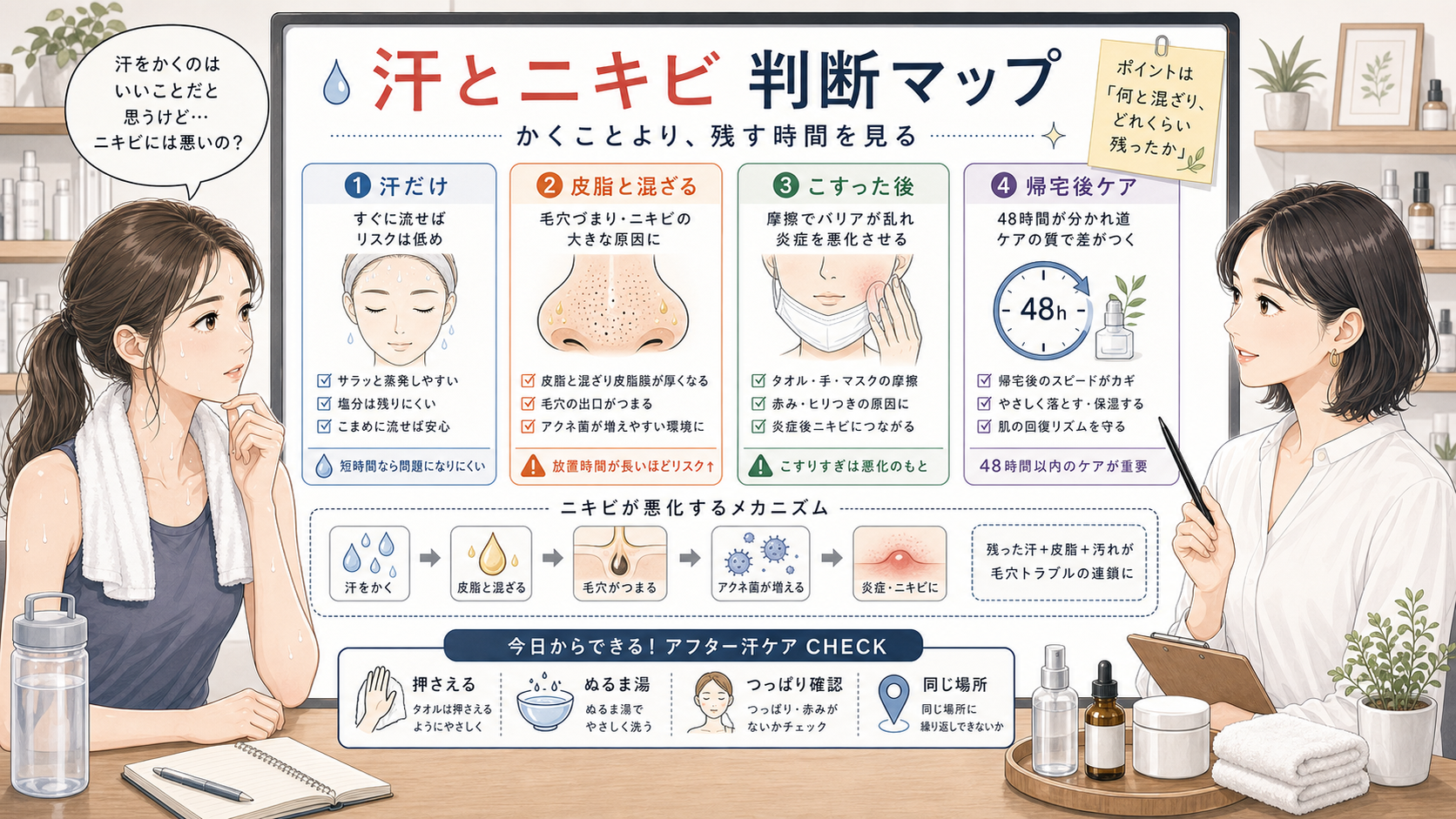 ニキビ中に汗をかいたほうがいいか汗と皮脂の残り時間で判断する美容相談ボード