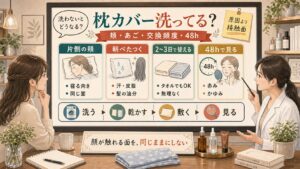 枕カバーを洗わないと肌に戻る汗や皮脂、交換頻度、48時間の赤み観察を整理する美容相談ボード