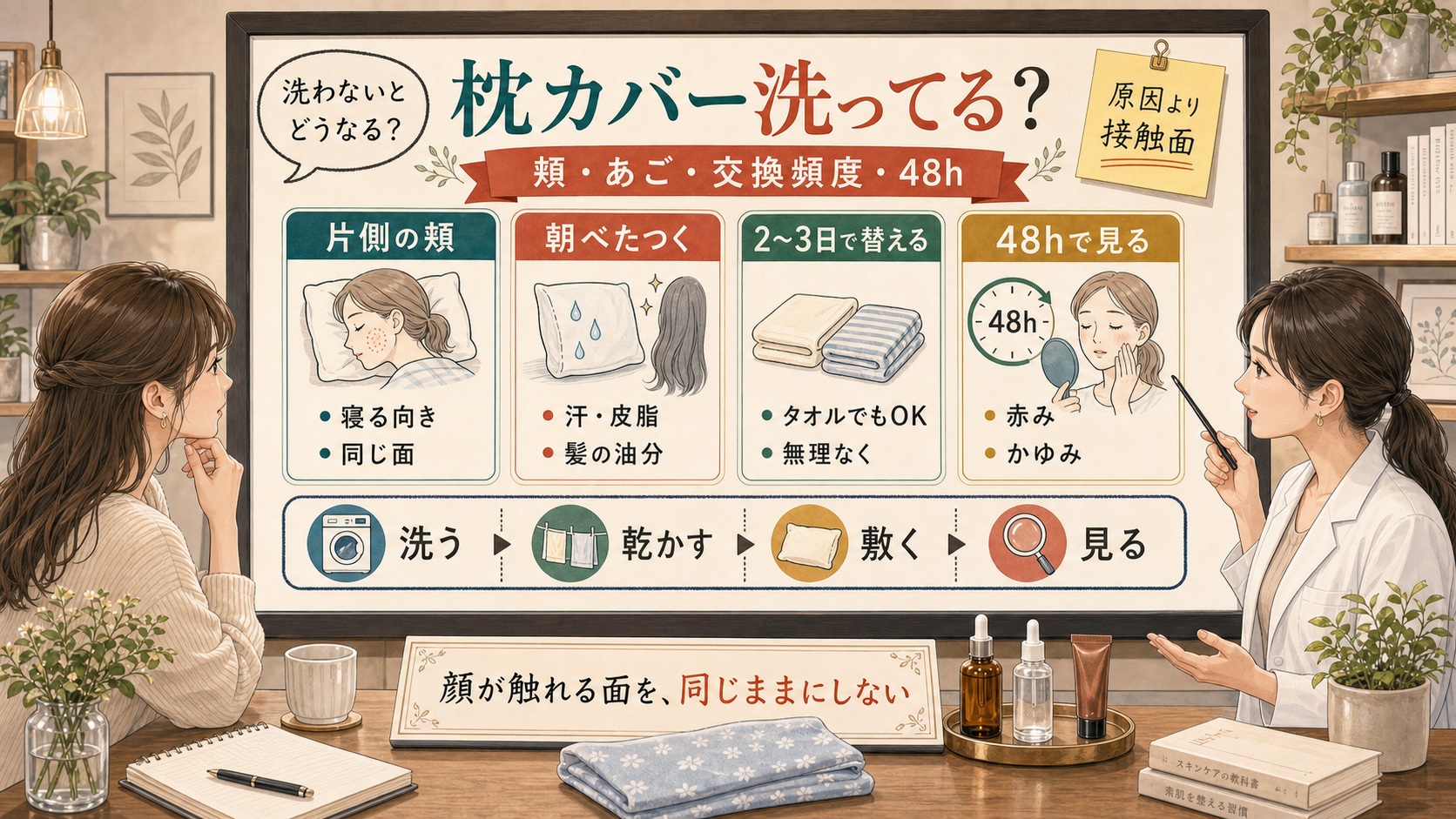 枕カバーを洗わないと肌に戻る汗や皮脂、交換頻度、48時間の赤み観察を整理する美容相談ボード