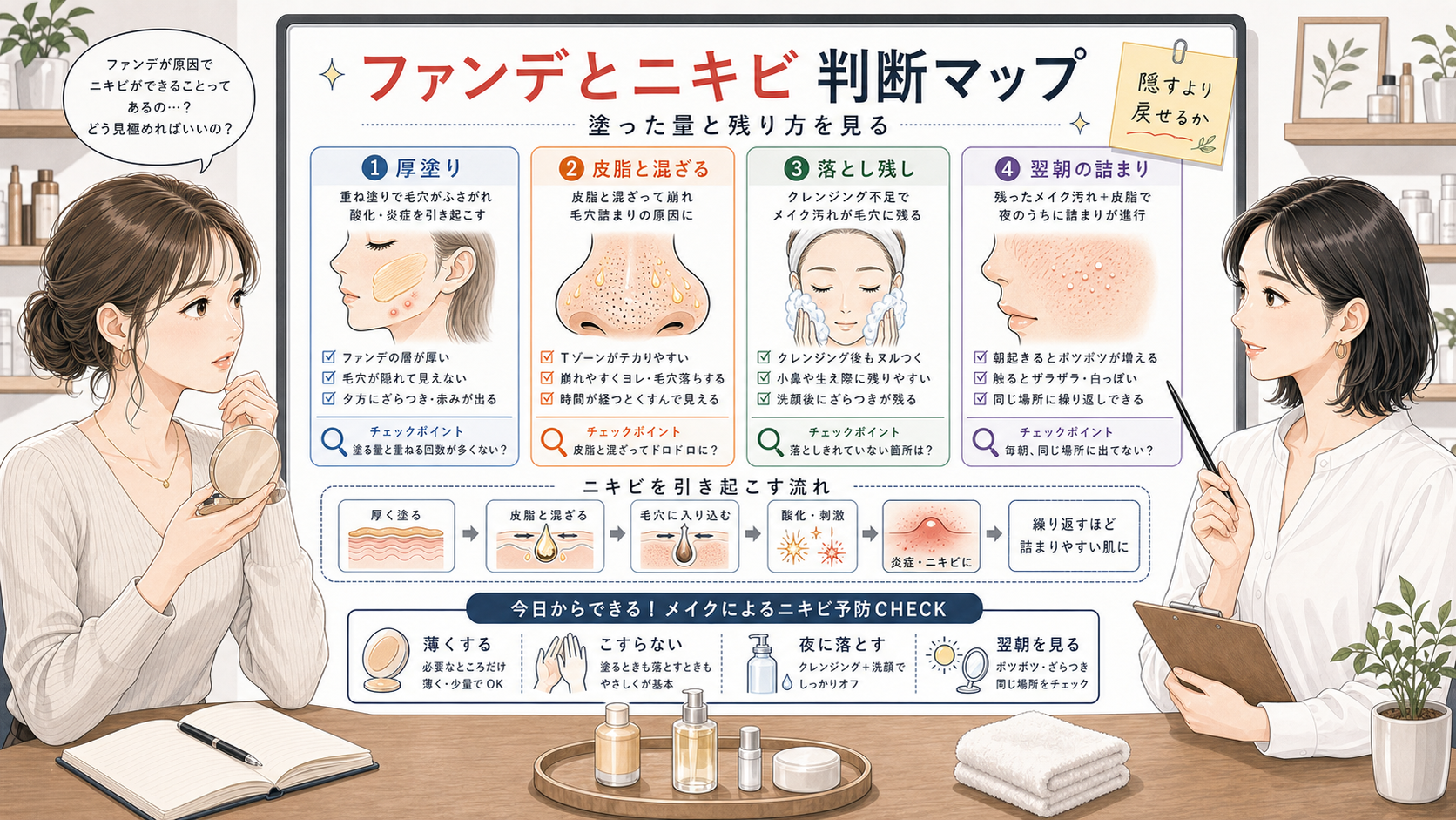 ファンデーションでニキビができる原因を厚塗り・皮脂混ざり・落とし残しで判断する美容相談ボード