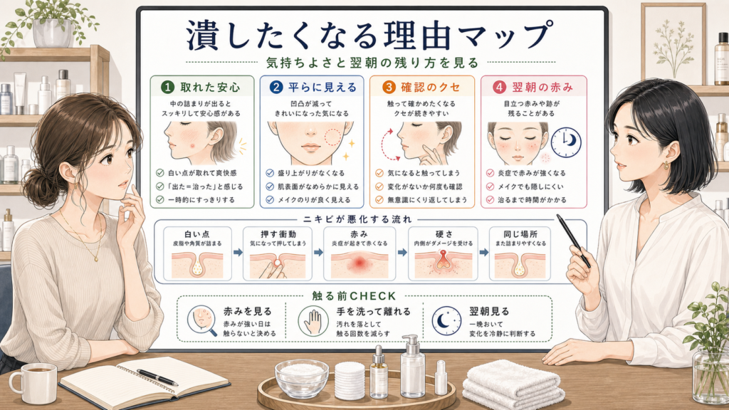 ニキビを潰すと気持ちいい理由と押した後の赤みや硬さを判断する美容相談ボード