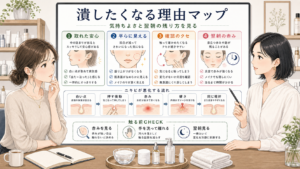 ニキビを潰すと気持ちいい理由と押した後の赤みや硬さを判断する美容相談ボード