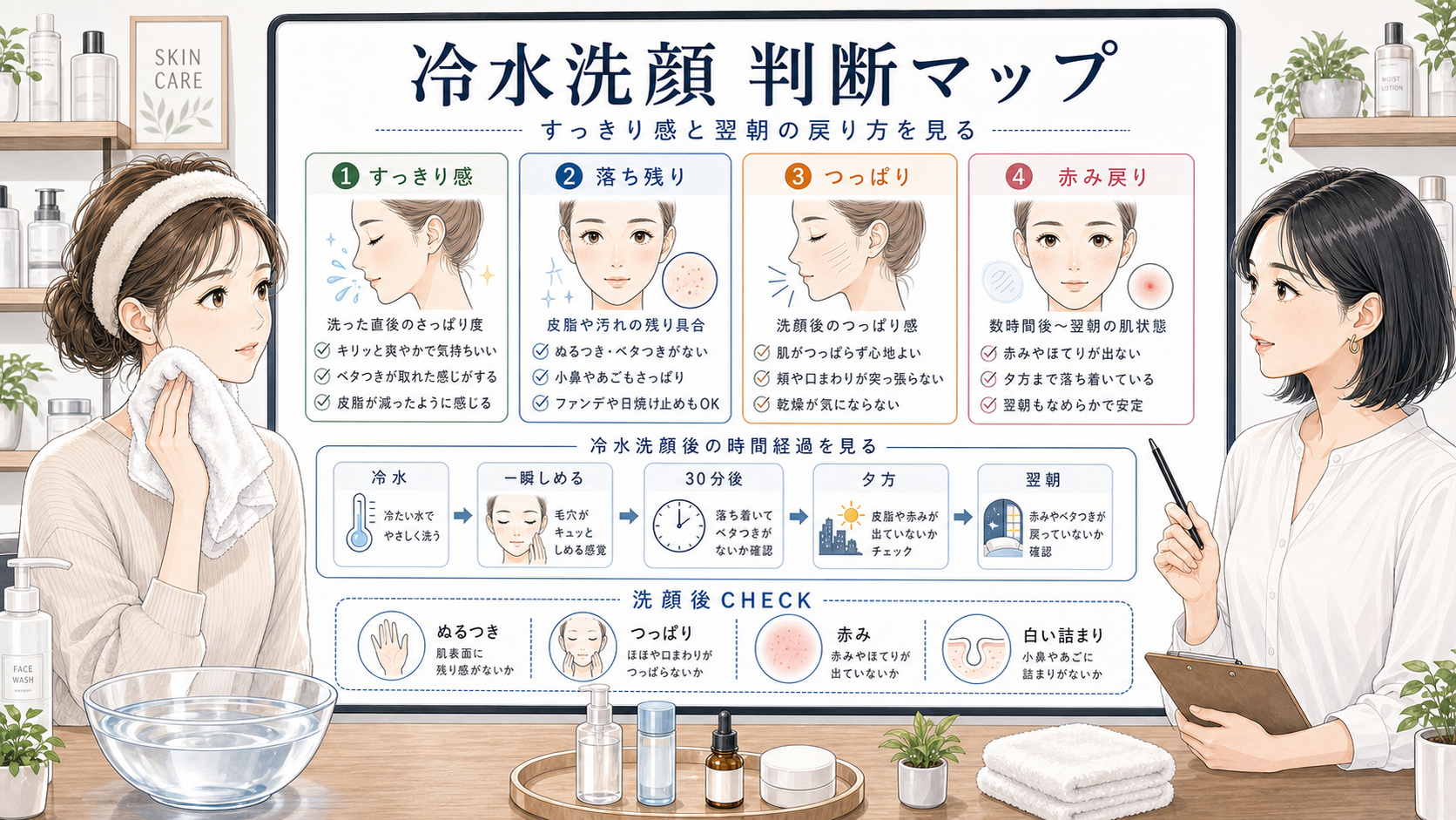 冷水洗顔のすっきり感と落ち残り、つっぱり、赤み戻りを判断する美容相談ボード