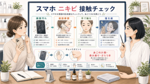 スマホ画面汚れと通話摩擦、手で触る癖、寝る前スマホによるあごニキビ接触チェックの美容相談ボード