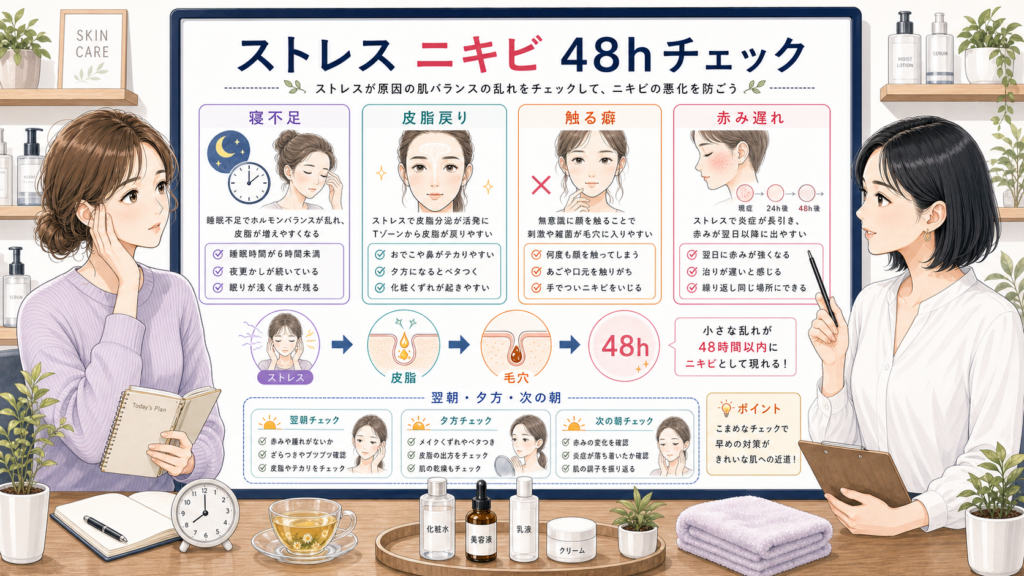 ストレスによるニキビと睡眠不足、皮脂戻り、触る癖、赤み遅れを48時間で確認する美容相談ボード