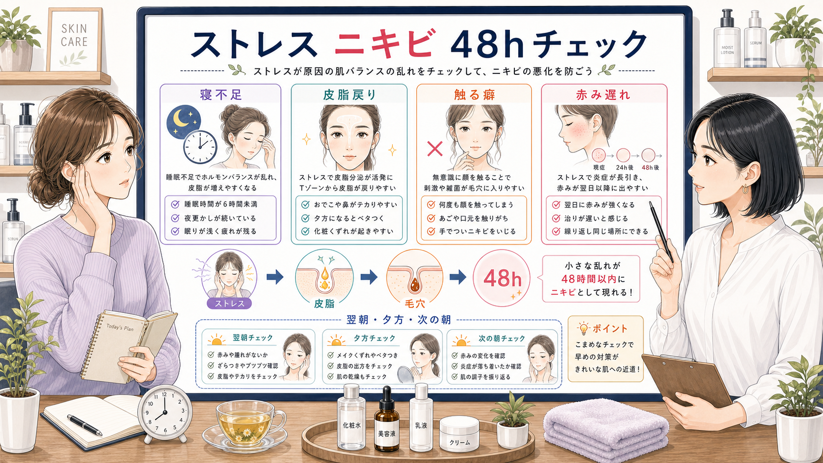 ストレスによるニキビと睡眠不足、皮脂戻り、触る癖、赤み遅れを48時間で確認する美容相談ボード