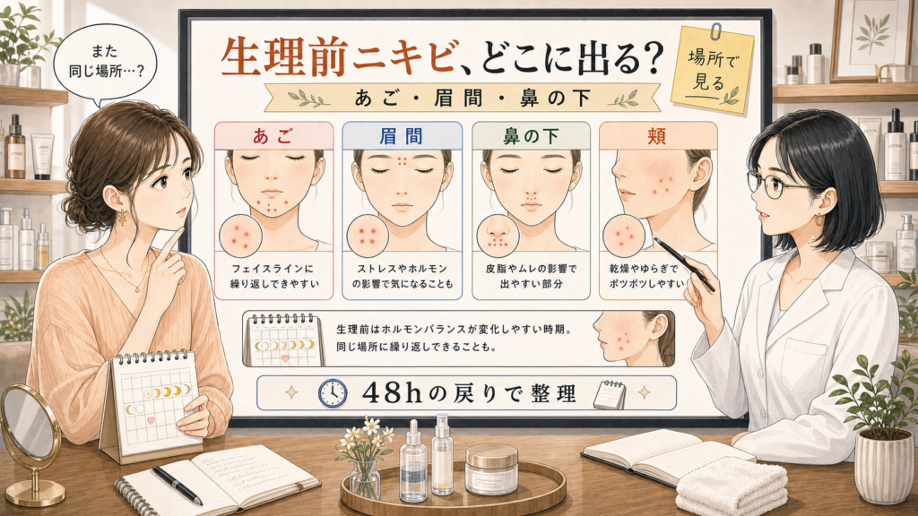 生理前ニキビが出やすい場所をあごや眉間や鼻の下で整理する美容相談ボード