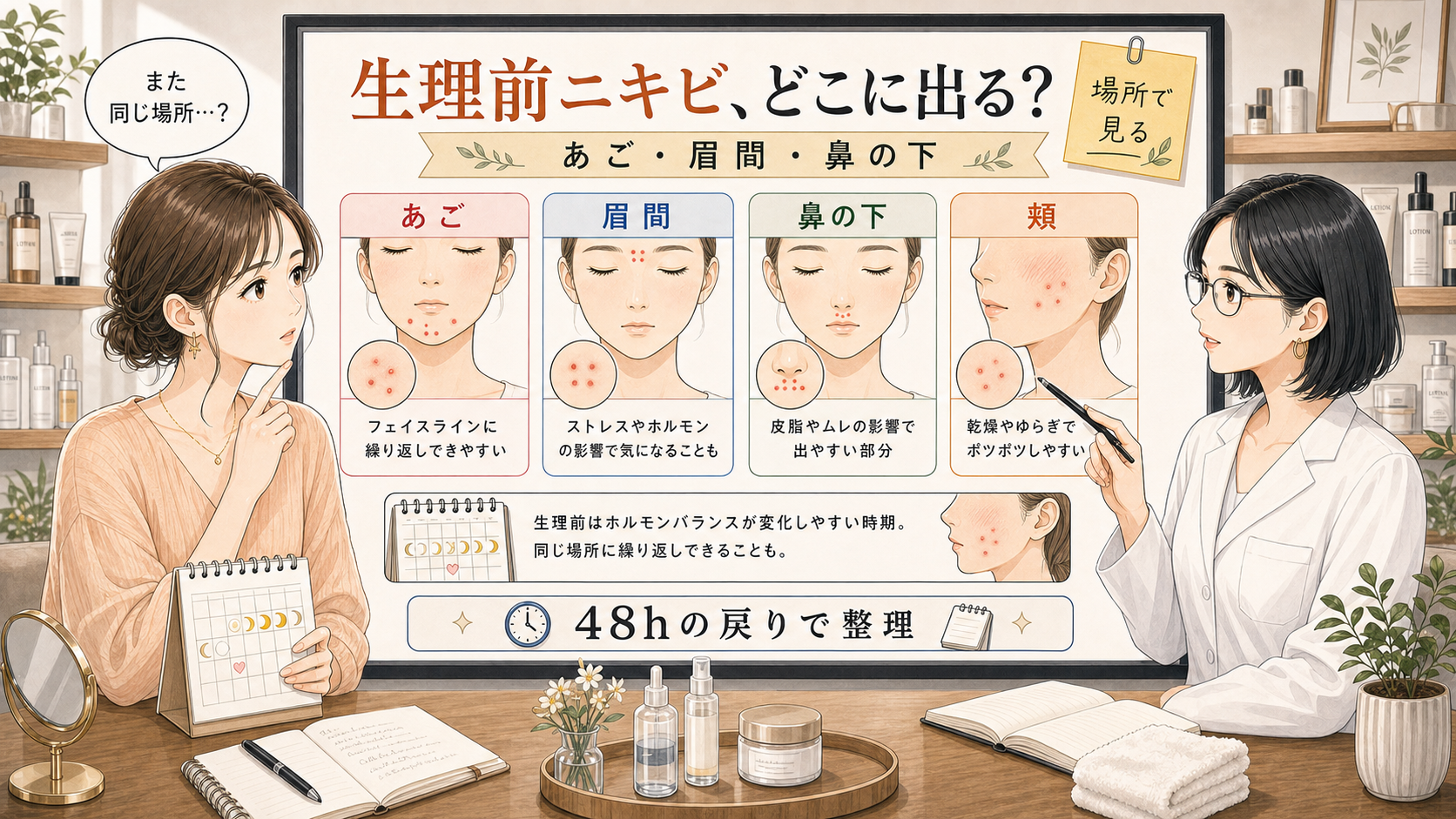 生理前ニキビが出やすい場所をあごや眉間や鼻の下で整理する美容相談ボード