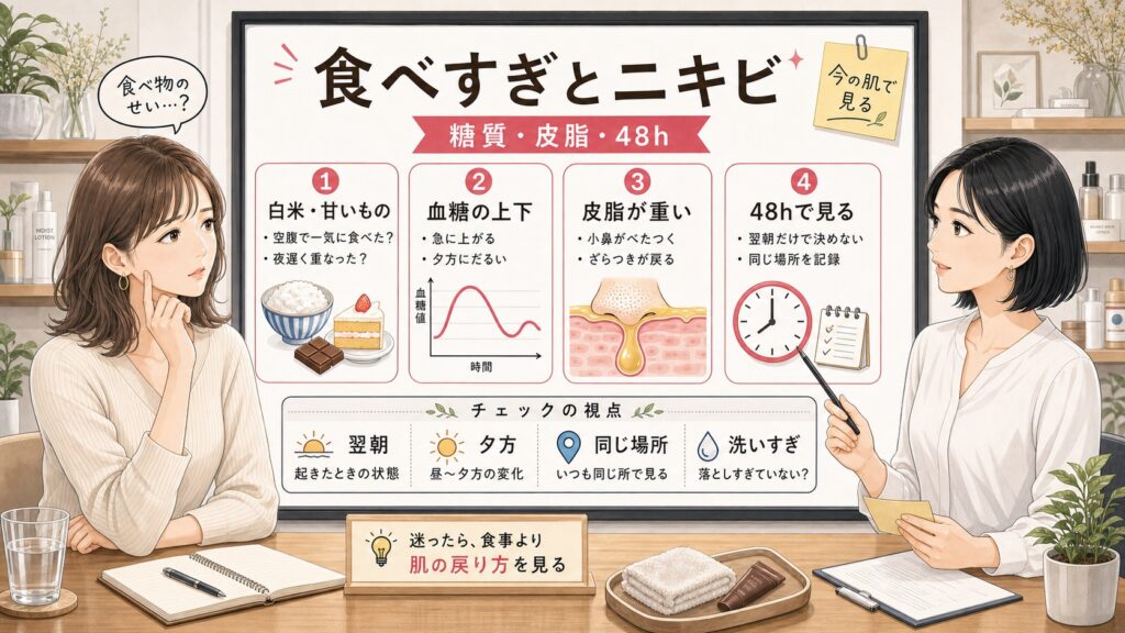 食べすぎとニキビの関係を糖質、血糖値、インスリン、皮脂、48時間の戻り方で整理する美容相談ボード