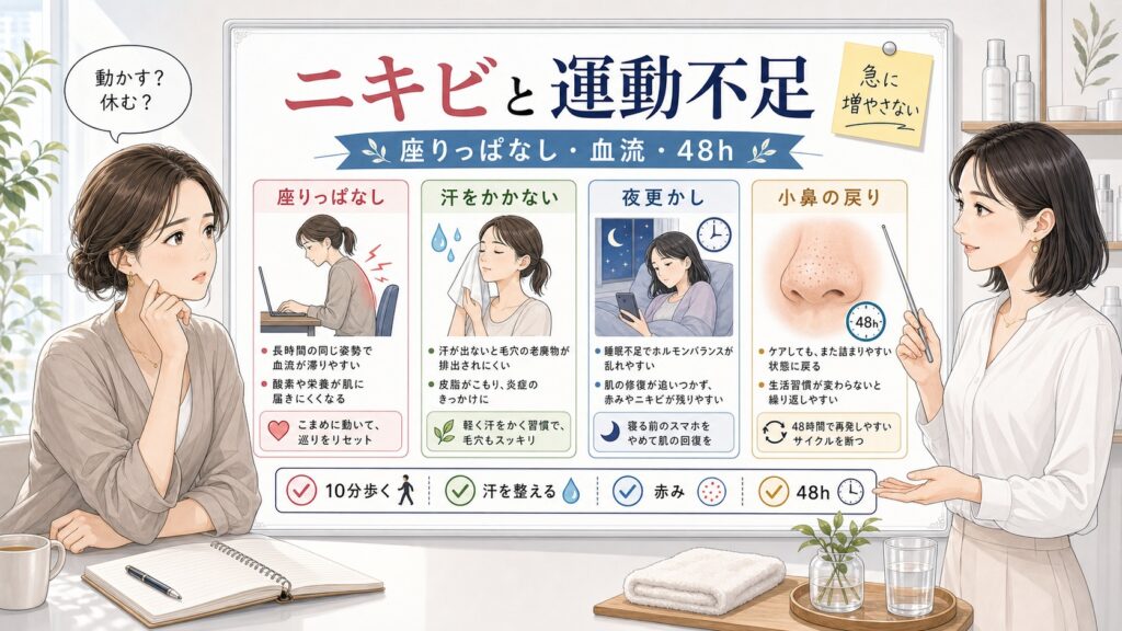 ニキビと運動不足の関係を座りっぱなし、血流、汗、赤み、48時間の戻り方で整理する美容相談ボード