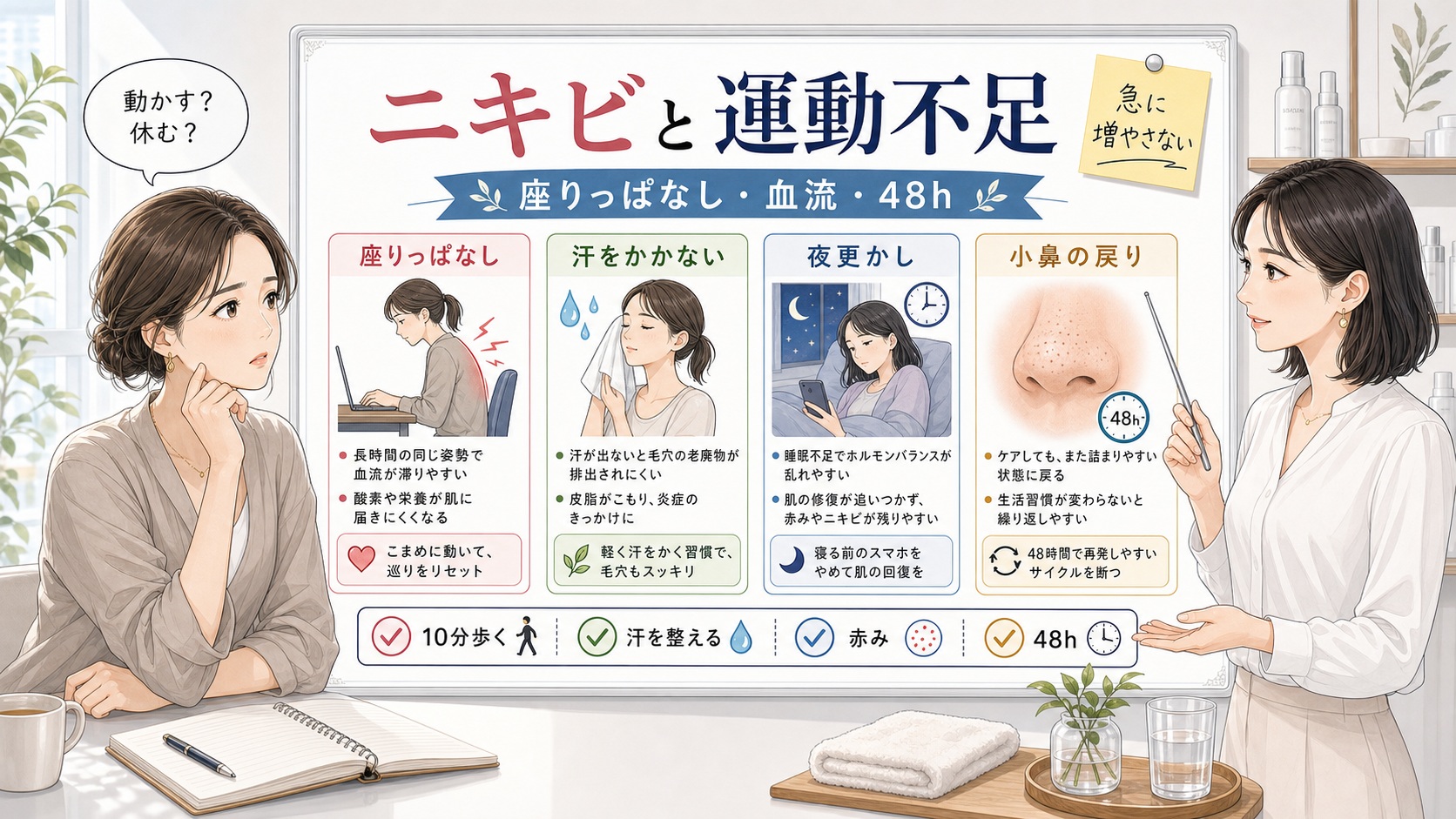 ニキビと運動不足の関係を座りっぱなし、血流、汗、赤み、48時間の戻り方で整理する美容相談ボード