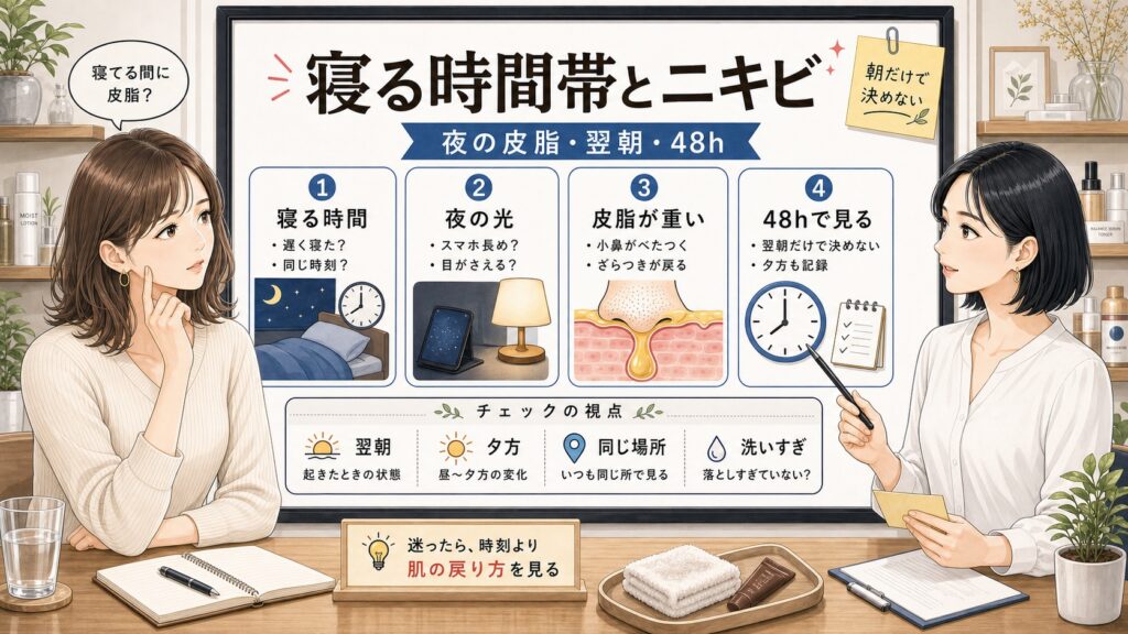 寝る時間帯とニキビの関係を夜の皮脂、翌朝のテカリ、48時間の戻り方で整理する美容相談ボード
