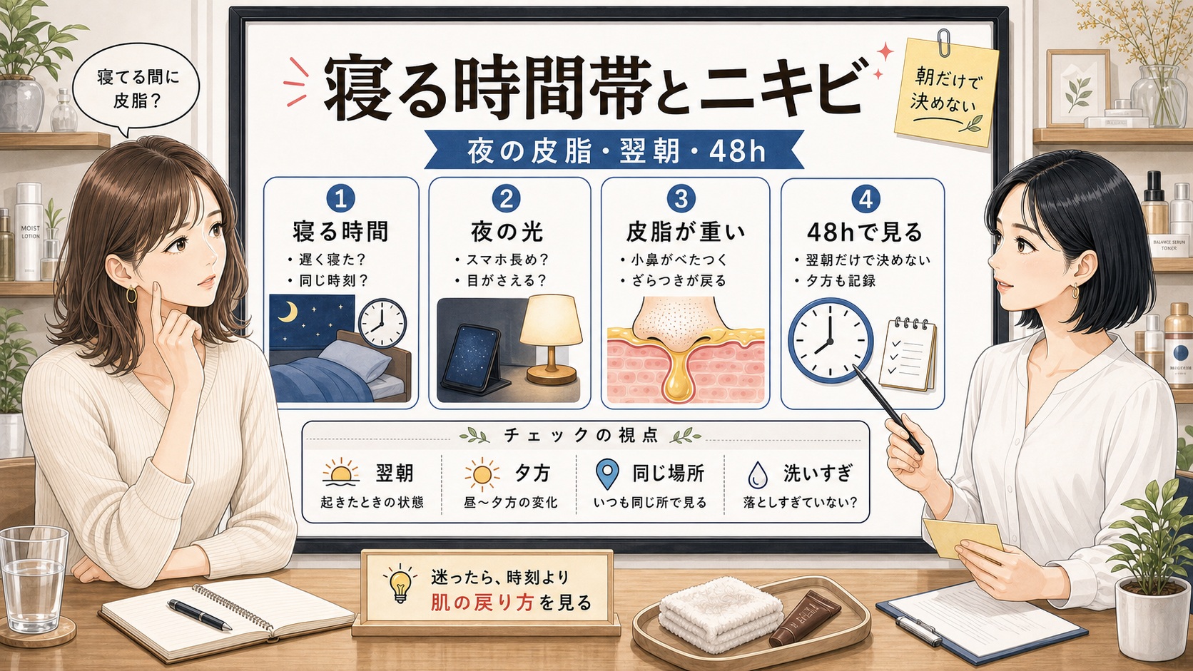 寝る時間帯とニキビの関係を夜の皮脂、翌朝のテカリ、48時間の戻り方で整理する美容相談ボード