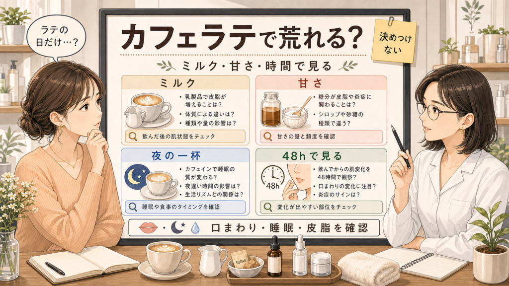 カフェラテとニキビを牛乳・甘さ・時間帯で整理する美容相談イラスト