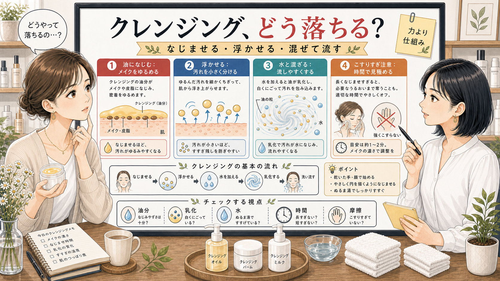 クレンジングの仕組みをなじませる浮かせる流すで整理するアイキャッチ