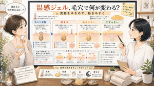 温感ジェルで毛穴の皮脂がゆるむ仕組みを女性アドバイザーが白ボードで解説する美容メディア風イラスト