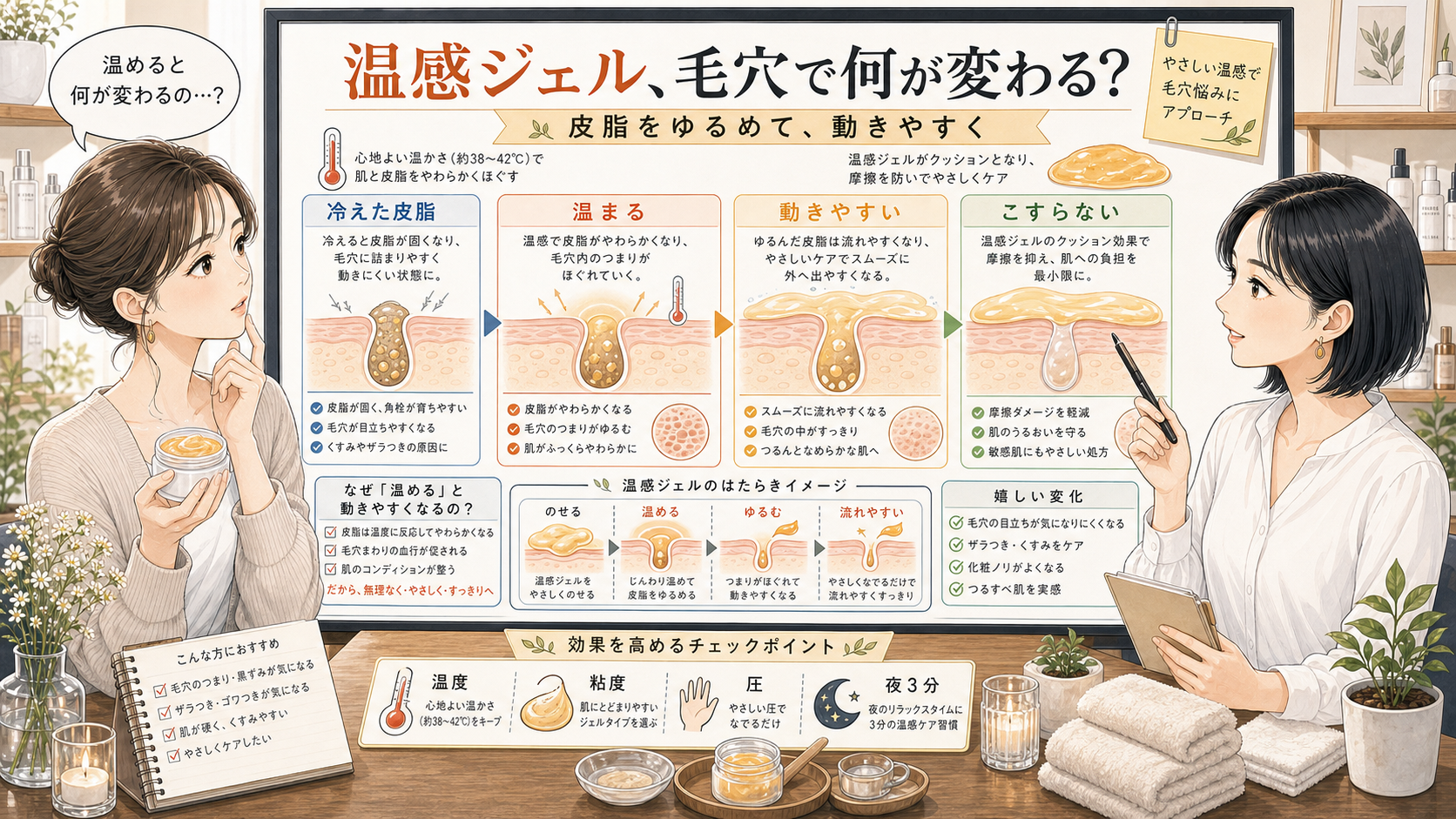 温感ジェルで毛穴の皮脂がゆるむ仕組みを女性アドバイザーが白ボードで解説する美容メディア風イラスト