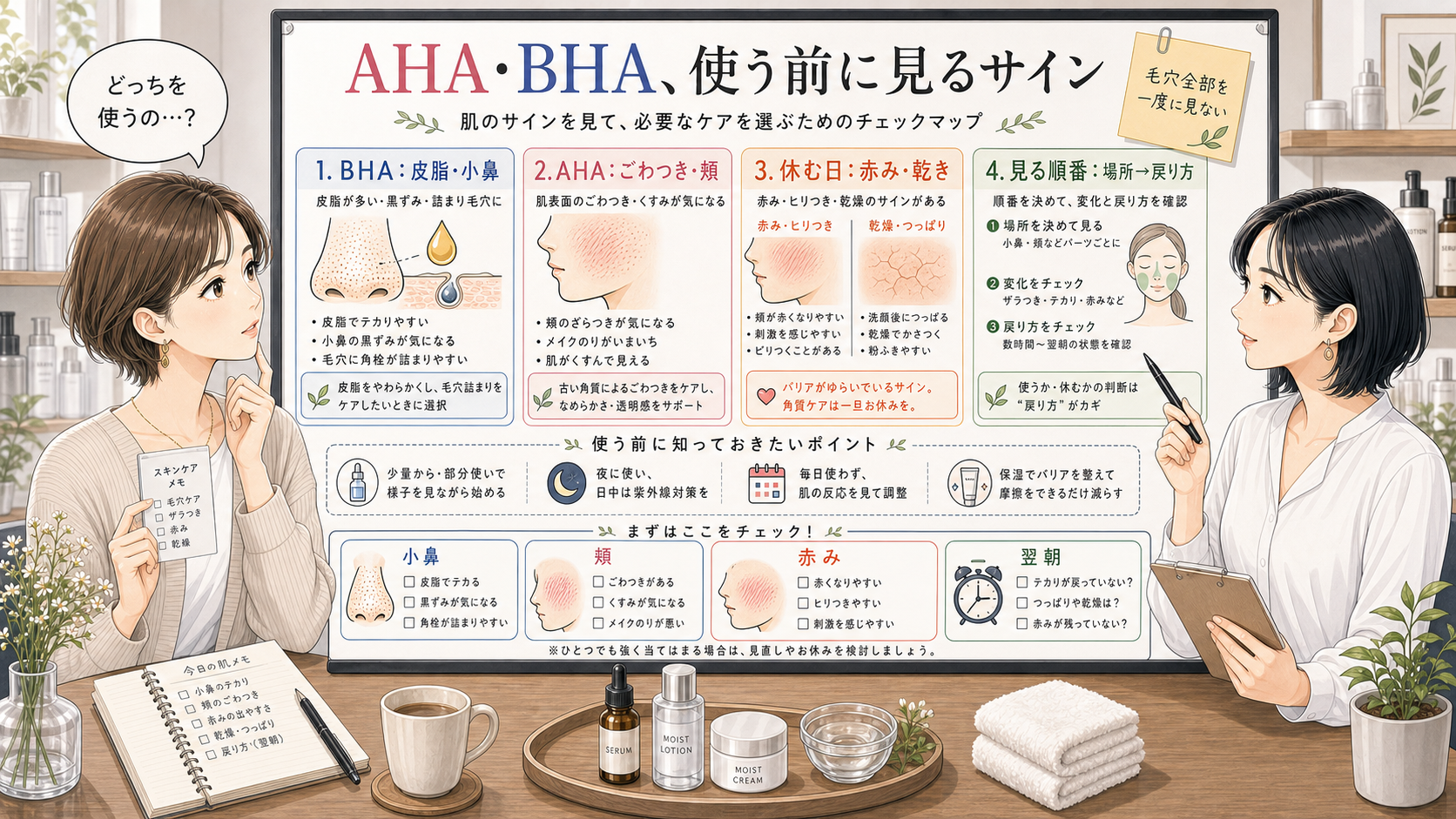 AHAとBHAを毛穴に使う前に小鼻・頬・赤み・翌朝の肌サインで比較する解説ボード