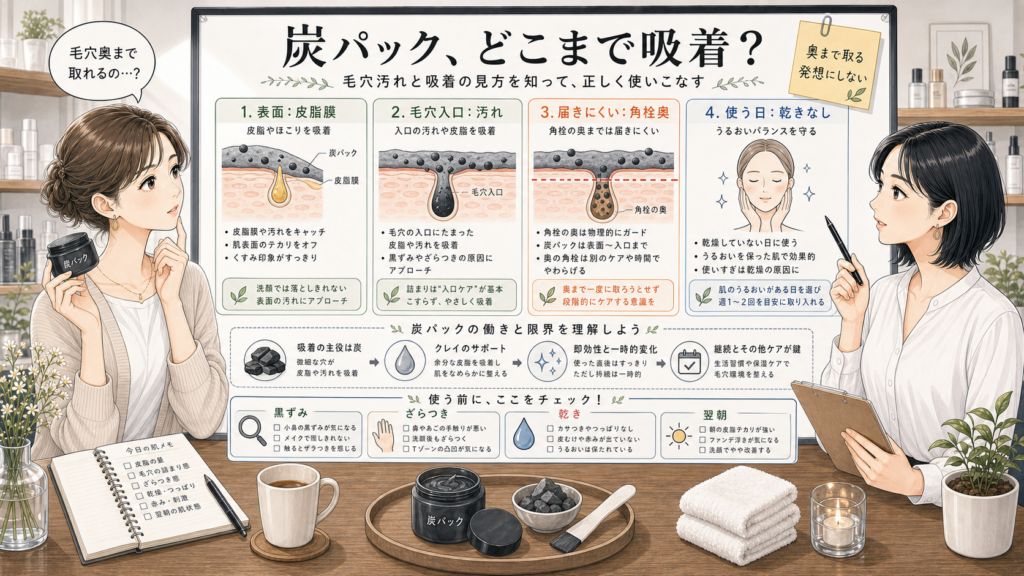 炭パックが毛穴の表面汚れを吸着する範囲と角栓奥に届きにくい理由を比較する解説ボード