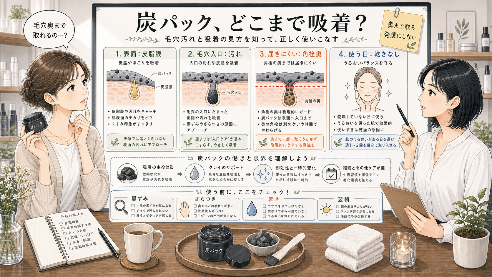 炭パックが毛穴の表面汚れを吸着する範囲と角栓奥に届きにくい理由を比較する解説ボード