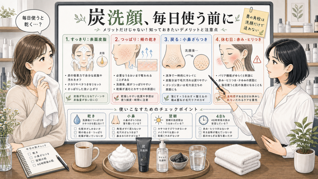 炭洗顔のデメリットを乾きや小鼻の戻り方から比較する解説ボード