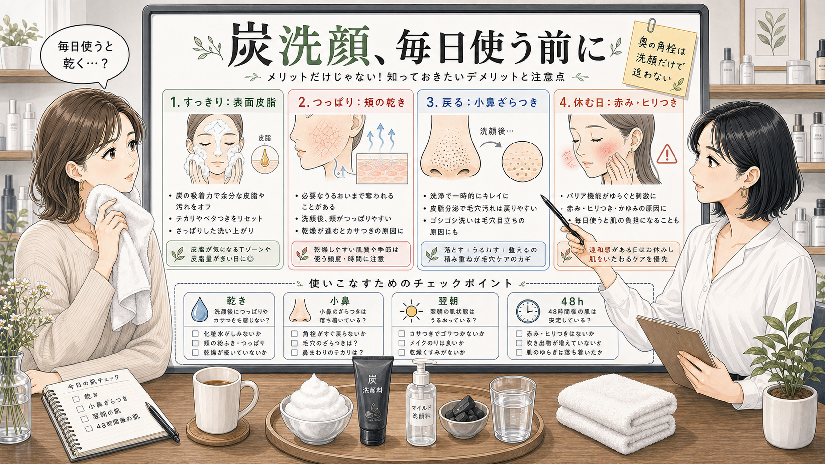 炭洗顔のデメリットを乾きや小鼻の戻り方から比較する解説ボード