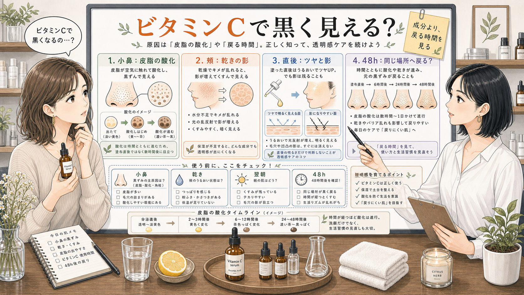 ビタミンCで毛穴が黒く見える理由を皮脂酸化と48時間の戻り方で比較する解説ボード