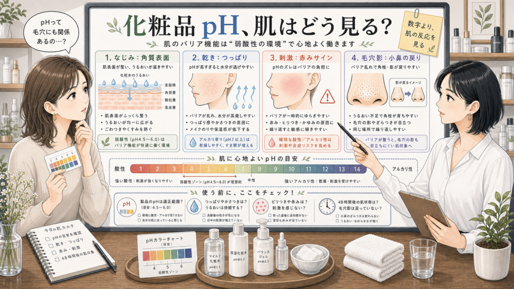 化粧品pHが角質のなじみや乾きと毛穴影に関わる見方を比較する解説ボード