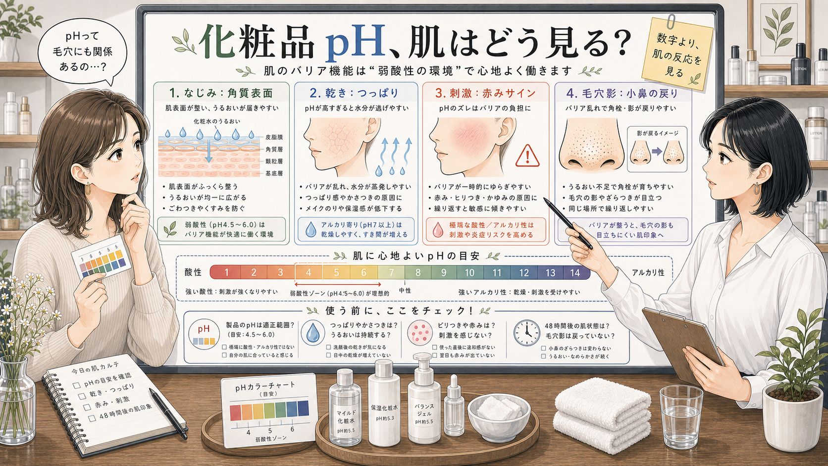 化粧品pHが角質のなじみや乾きと毛穴影に関わる見方を比較する解説ボード