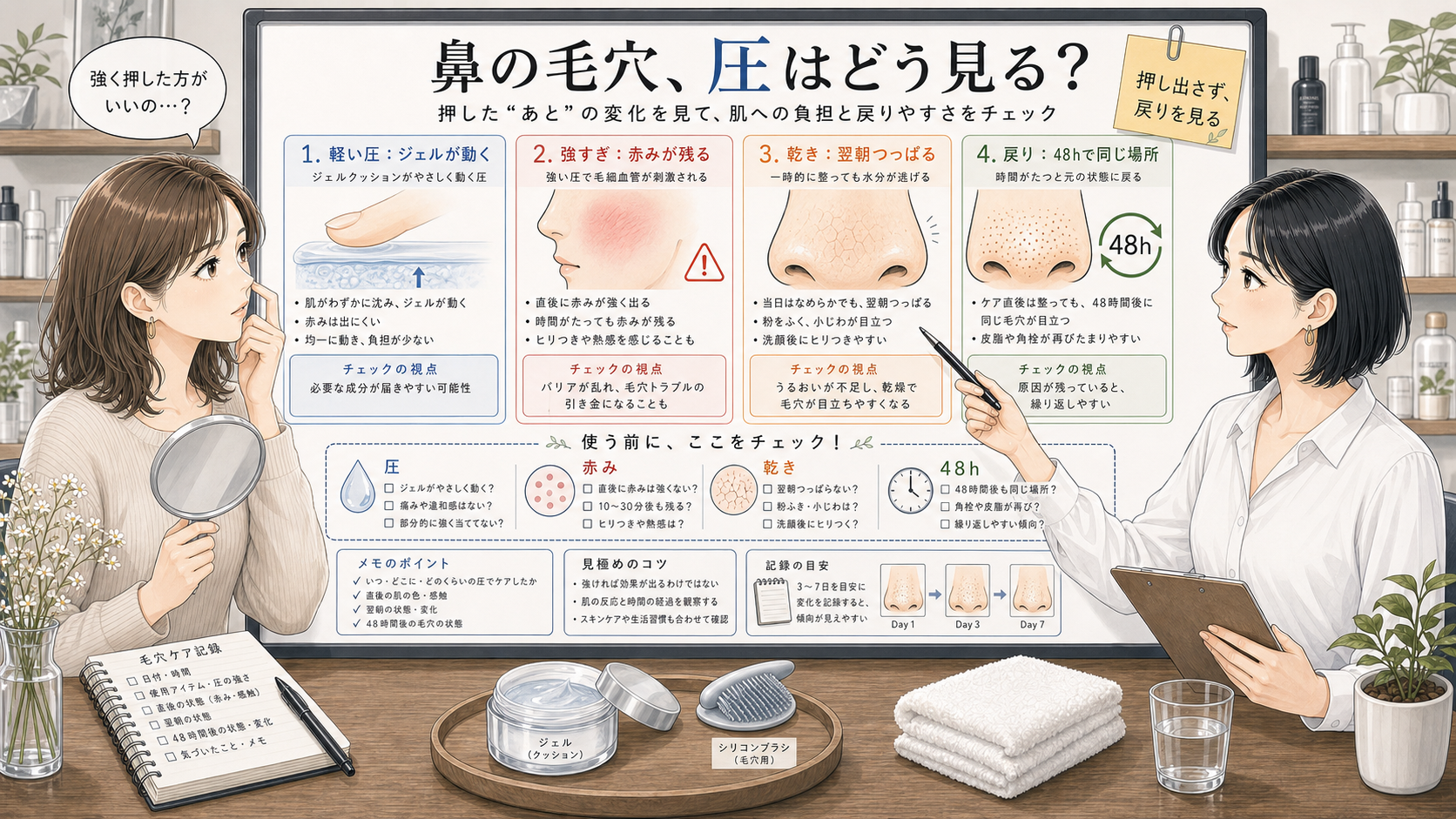 鼻の毛穴マッサージの圧と赤みや乾きと48時間の戻り方を比較する解説ボード