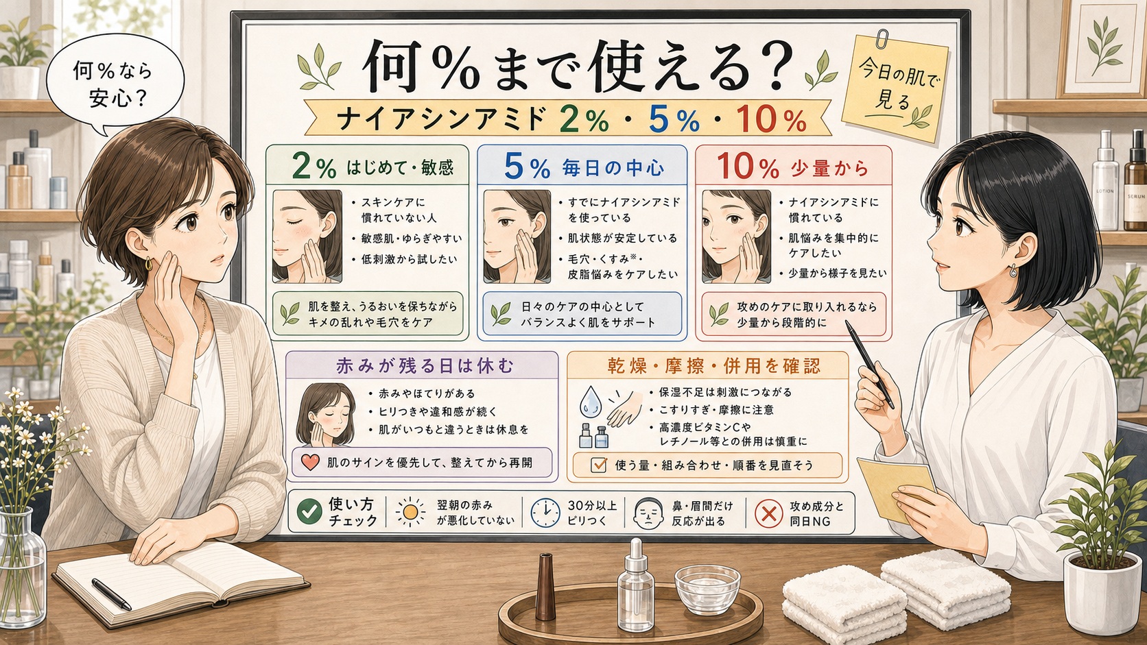 ナイアシンアミドの2％・5％・10％を肌状態で選ぶ相談ボード