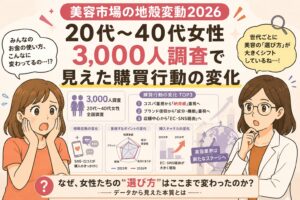 「美容市場の地殻変動2026」と題した20代〜40代女性3,000人調査の日本語インフォグラフィック。中央に「購買行動の変化」という大見出しがあり、コスパ重視から納得感重視への変化、ブランド信仰から成分・機能重視への移行、店舗中心からEC・SNS経由への変化などを図解している。左に驚く女性、右に白衣の女性が配置され、美容市場の選び方が世代ごとに大きく変化している様子を分かりやすく表現している。
