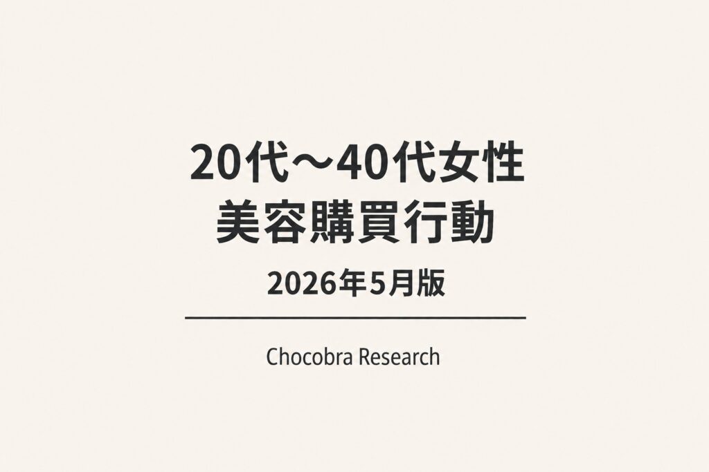 「20代〜40代女性 美容購買行動 2026年5月版」と記載されたChocobra Researchの調査レポート表紙。淡いベージュ背景に黒文字でタイトルが中央配置され、下部に「Chocobra Research」のロゴ表記があるシンプルなデザイン。