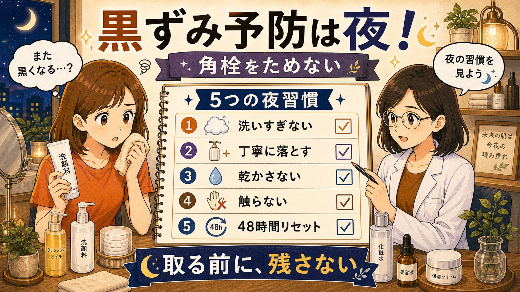 黒ずみを予防する5つの夜習慣と角栓をためない毛穴ケアを整理するChocobraアイキャッチ
