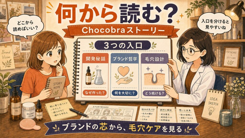 Chocobraストーリーの開発秘話とブランド哲学と毛穴設計の入口を説明するイラスト