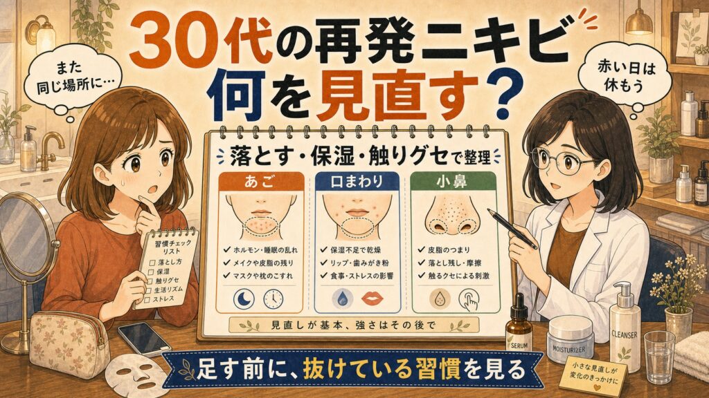 30代女性の再発ニキビを落とす・保湿・触りグセで整理するChocobraアイキャッチ