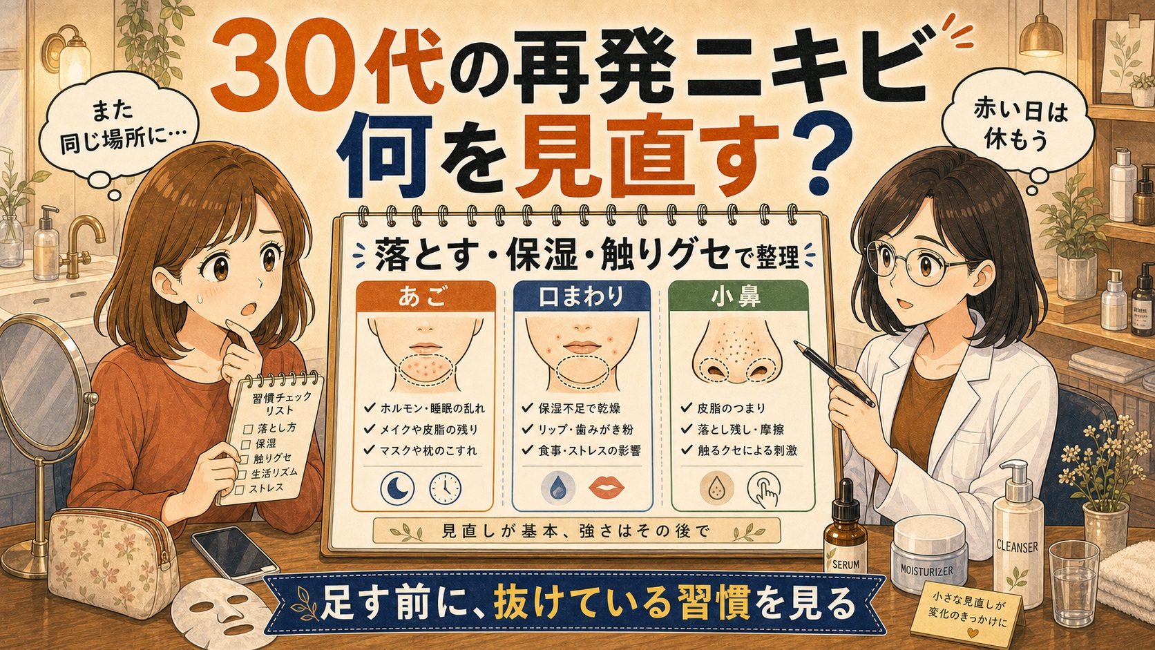 30代女性の再発ニキビを落とす・保湿・触りグセで整理するChocobraアイキャッチ