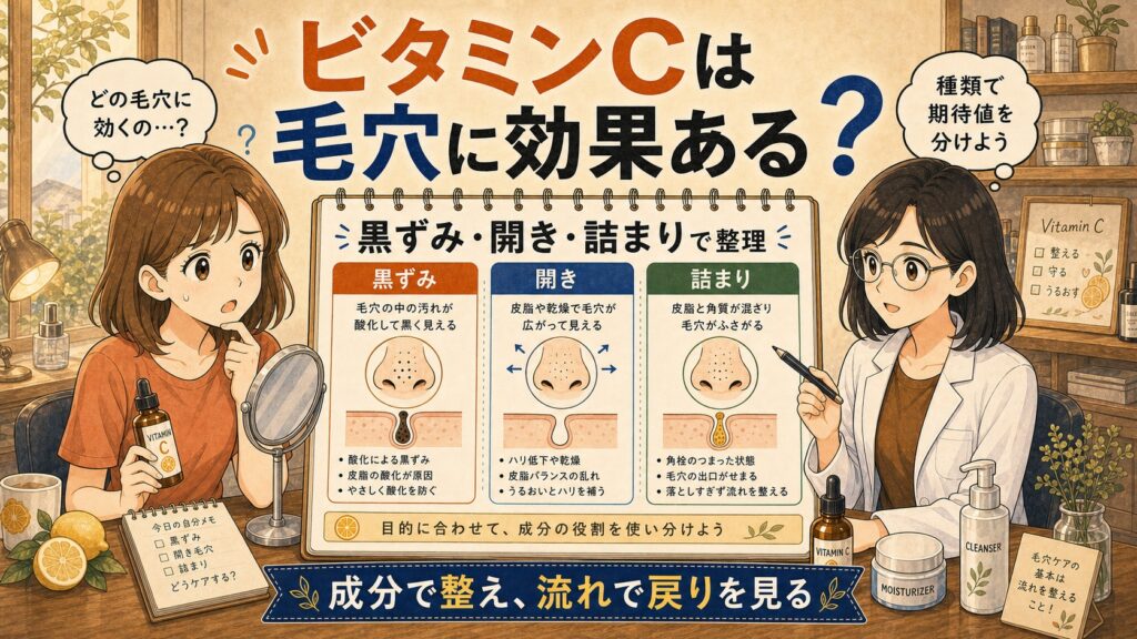 ビタミンCの毛穴効果を黒ずみ・開き・詰まりで整理するChocobraアイキャッチ