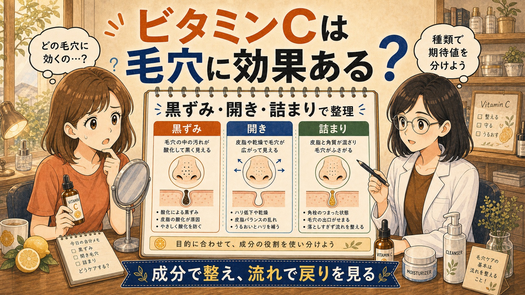 ビタミンCの毛穴効果を黒ずみ・開き・詰まりで整理するChocobraアイキャッチ